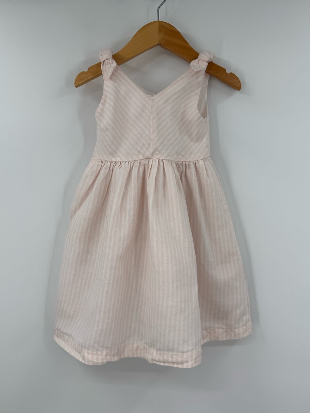 Hope & Henry Girls Cotton & Linen Striped Dress | Pale Pink / Cream Stripe | 2T